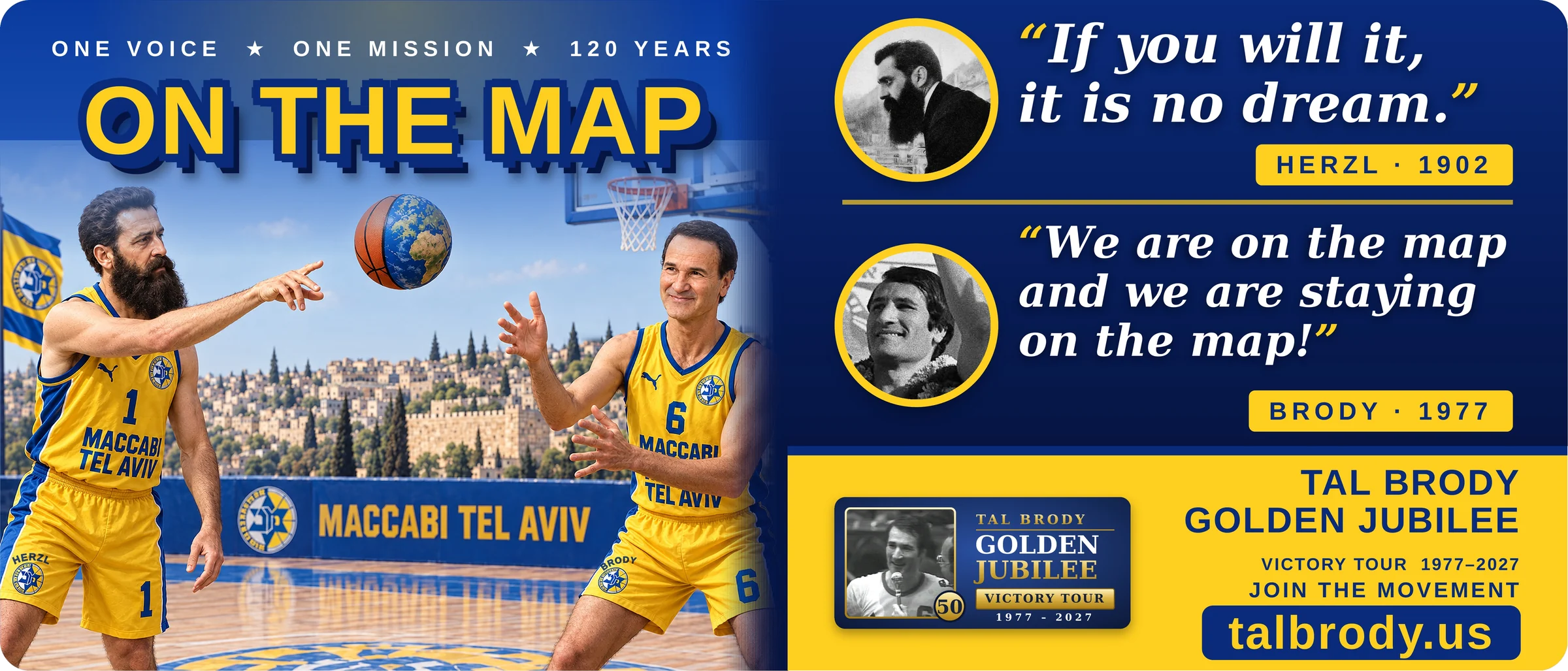 On the Map: Tal Brody Golden Jubilee Victory Tour 1977–2027. Join the movement at talbrody.us